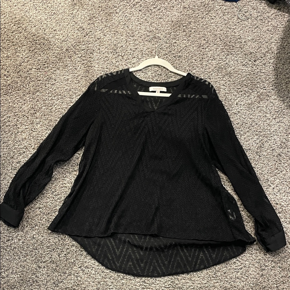 Ellen Tracy Black Sheer Chevron Long-Sleeve Blouse